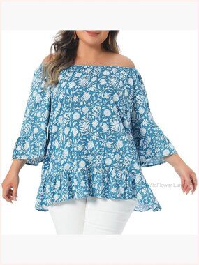 Plus Size Floral Half Sleeve Off Shoulder Blouse Vacation Top